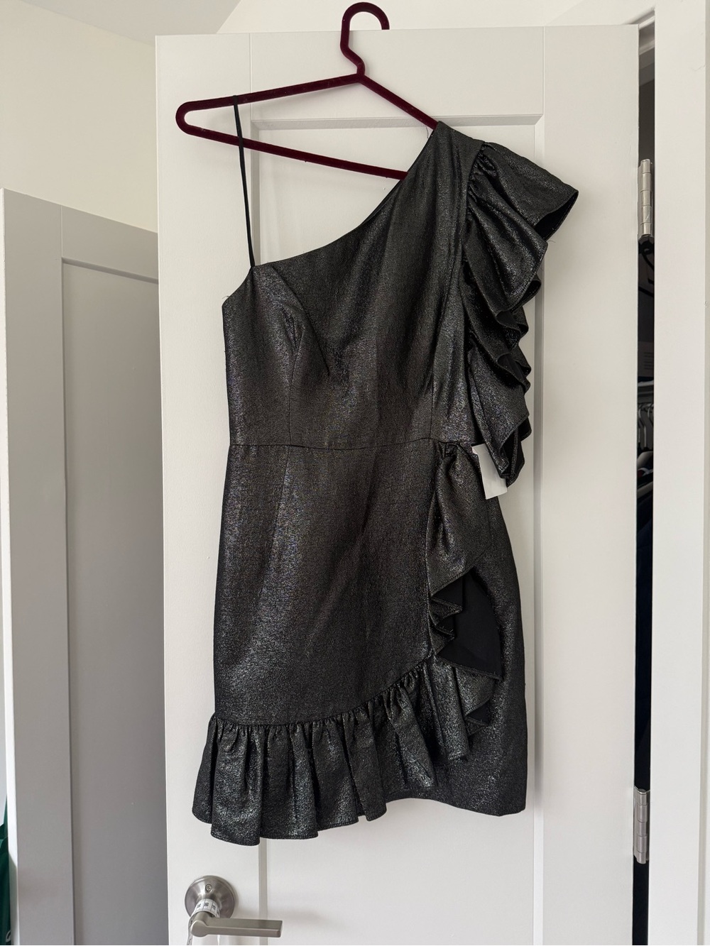 Sandro Metallic One-Shoulder Ruffle Mini Dress in Black